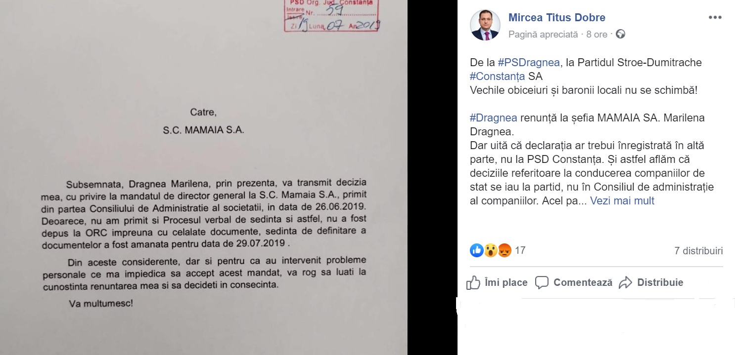 Deputatul Mircea Titus Dobre: "De la #PSDragnea, la Partidul Stroe-Dumitrache #Constanța SA. #Dragnea renunță la șefia MAMAIA SA. Marilena Dragnea"