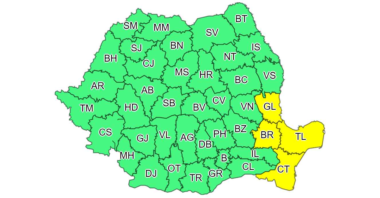 Județele Constanța și Tulcea, sub atenționare cod galben de averse