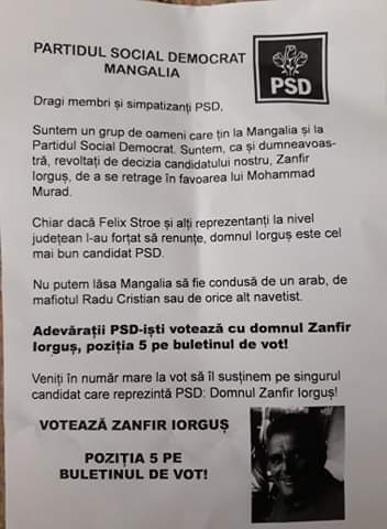 Fițuici electorale mincinoase, distribuite în Mangalia. Locuitorii sunt îndemnați să îl voteze pe Iorguș, retras din cursa electorală