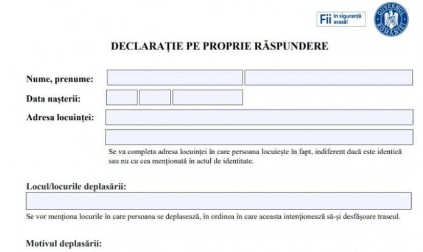 S-a schimbat modelul declaraţiei pe proprie răspundere. Este consecința noilor restricții de circulație
