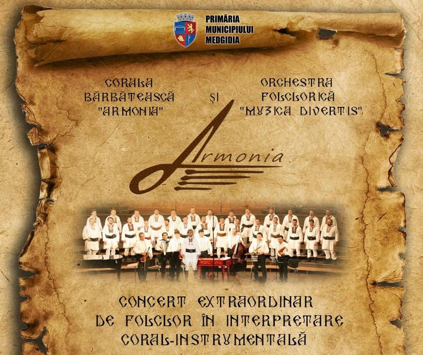 Concert de folclor susținut duminică, în Medgidia, de Corala Bărbătească „Armonia” și Orchestra Folclorică „Muzica Divertis”