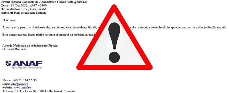 ANAF avertizează: Sunt trimise emailuri false de pe o adresă care nu e funcțională - info@anaf.ro
