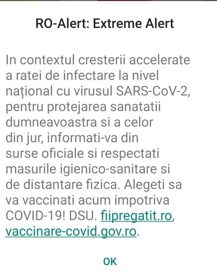 Departamentul pentru Situații de Urgență, mesaj RO-ALERT pentru încurajarea vaccinării împotriva COVID-19