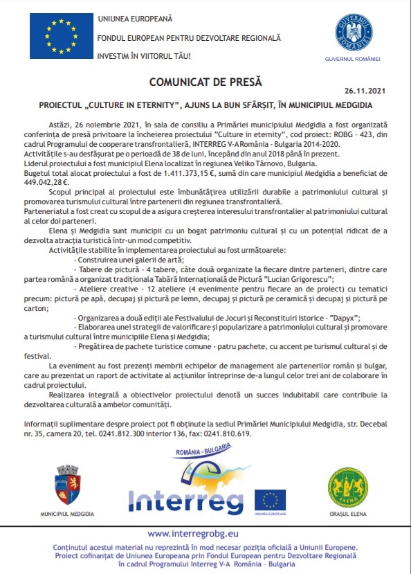 Proiectul "Culture in Eternity", ajuns la bun sfârșit, în muncipiul Medgidia