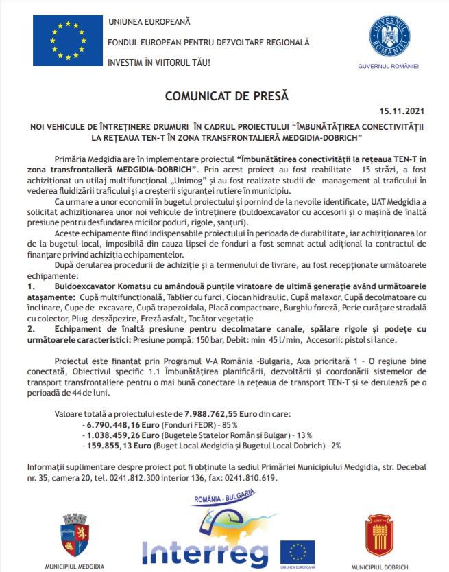Noi vehicule de întreținere drumuri în cadrul proiectului "Îmbunătățirea conectivității la rețeaua TEN-T în zona transfrontalieră Medgidia-Dobrich"
