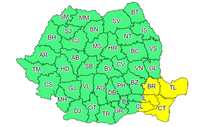 Cod galben de vânt puternic, astăzi, în Dobrogea
