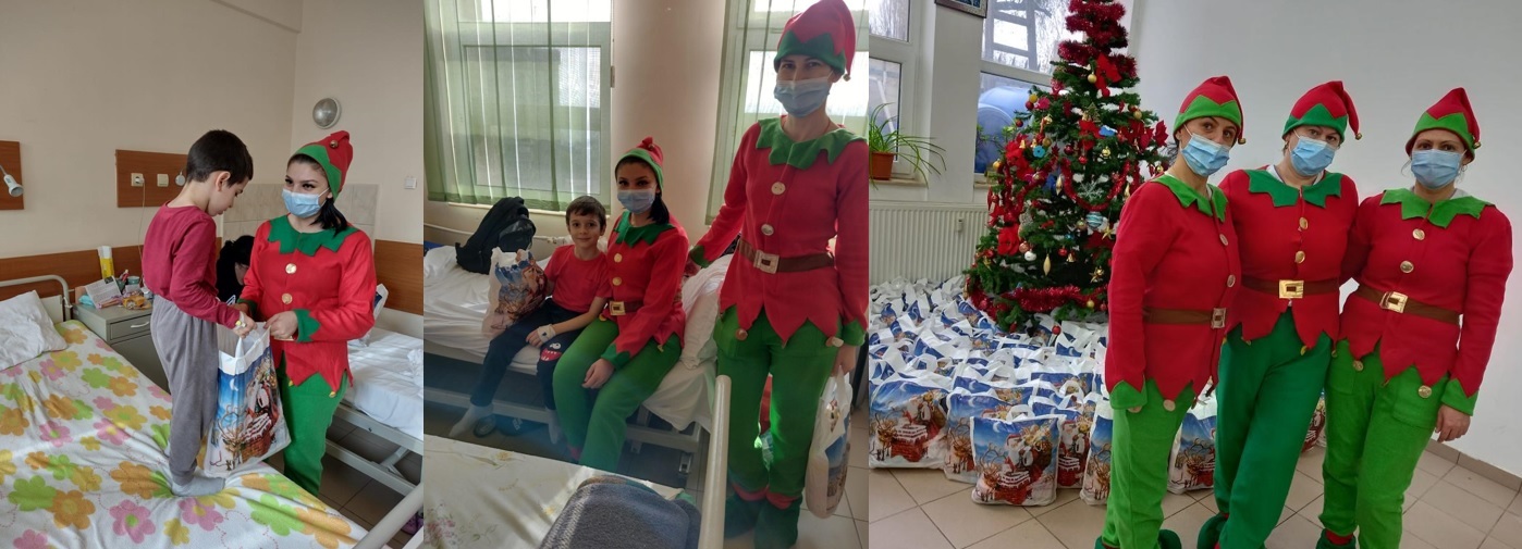 Copiii internați în spitalele constănțene au primit daruri de la spiridușii Asociaţiei "Suflete deschise" şi salariatii Arimex Comexim 2000 SRL au luat chipul Moșului Nicolae