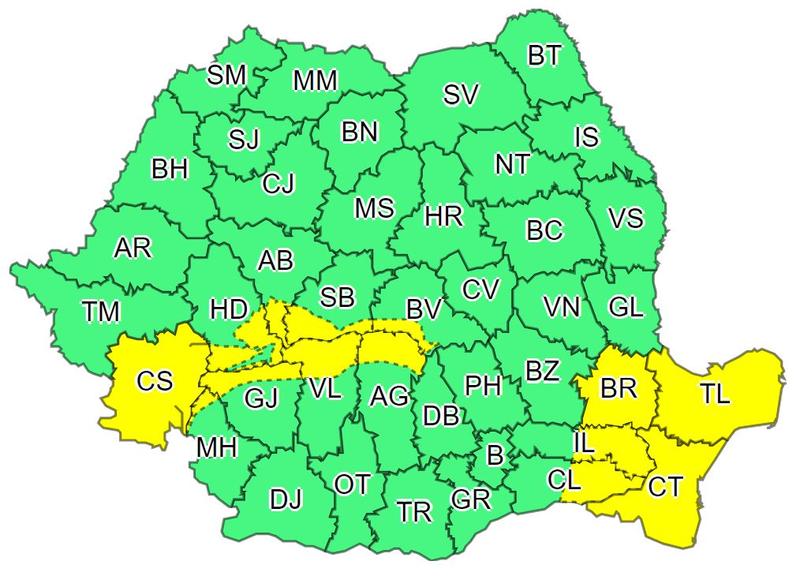 ANM: Coduri galbene de vânt puternic în mai multe județe