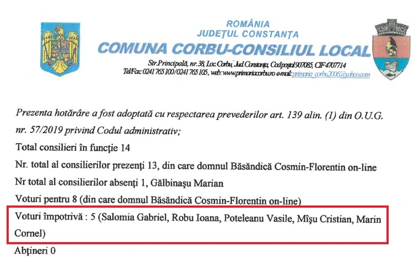 Primarul comunei Corbu îi acuză de rea-credință pe consilierii PNL care votează "ÎMPOTRIVĂ" la proiectele de hotărâre care privesc dezvoltarea comunității