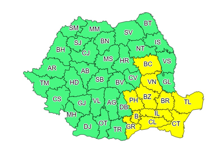 Cod galben de vânt în Dobrogea, începând de marți dimineață