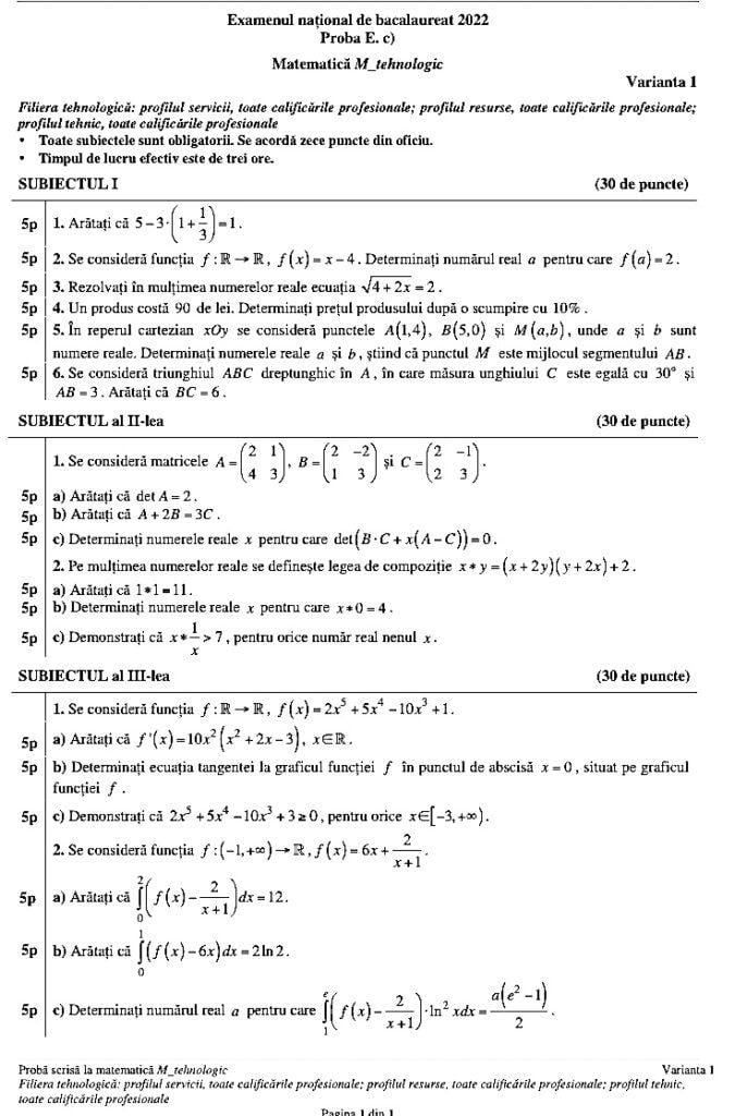 M3 Profil tehnologic -Matematica