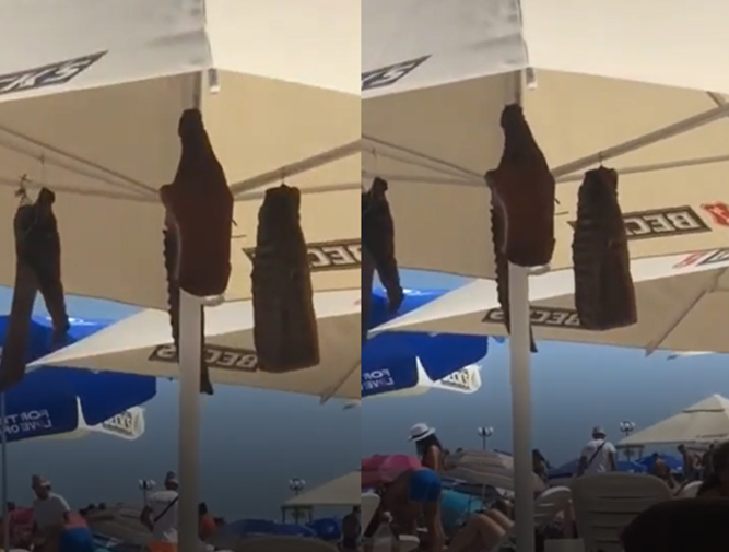 (VIDEO) Un turist a agățat de umbrelă mai multe hălci de carne afumată, la Costinești