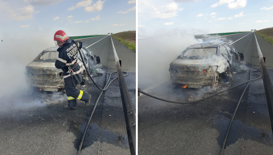 (FOTO) Un autoturism a luat foc pe Autostrada A2, aproape de Medgidia