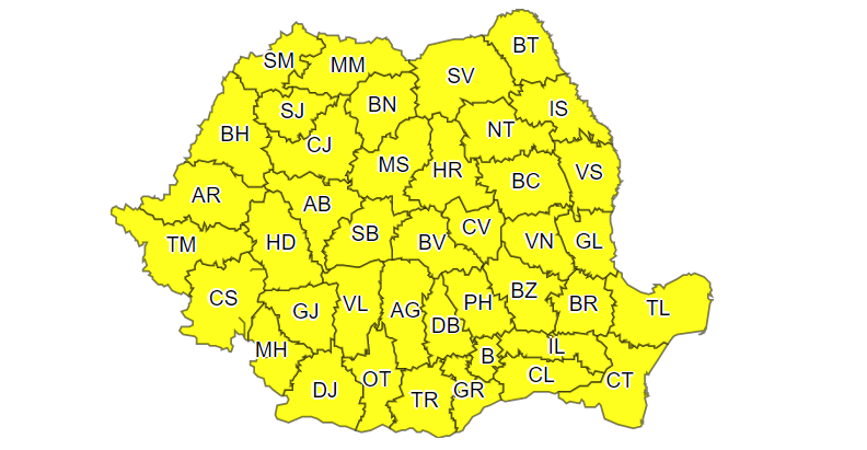 COD GALBEN de ploi torențiale și vânt puternic în județele Constanța și Tulcea