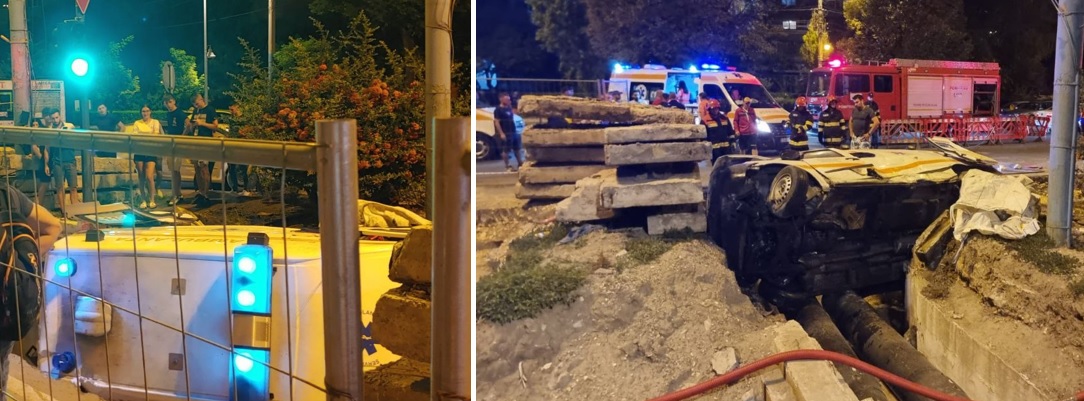 (FOTO/VIDEO) Accident GRAV între o ambulanță și un taxi, în zona Dacia. Ambulanța a căzut în șanțul de pe marginea bulevardului Lăpușneanu