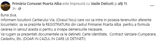 Anunț Primăria Comunei Poarta Albă
