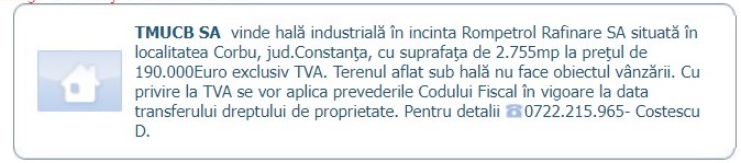 Anunț vânzare hală Corbu
