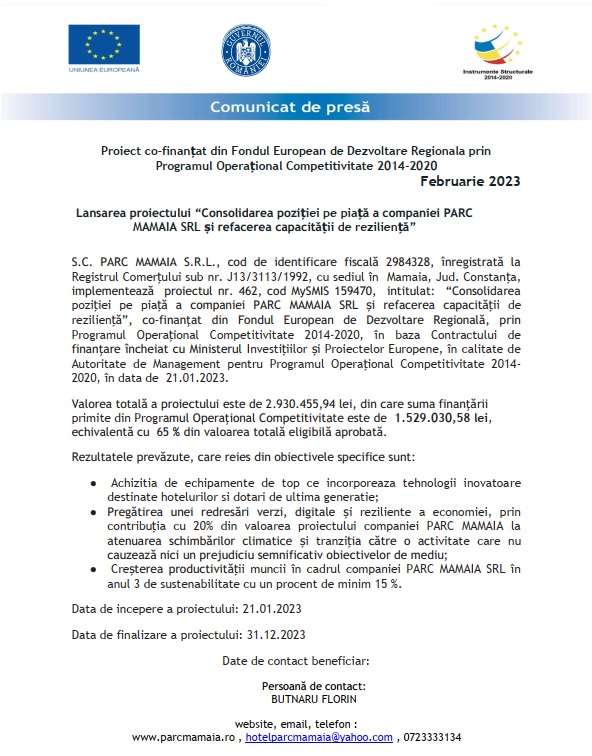 Lansarea proiectului “Consolidarea poziției pe piață a companiei PARC MAMAIA SRL și refacerea capacității de reziliență”