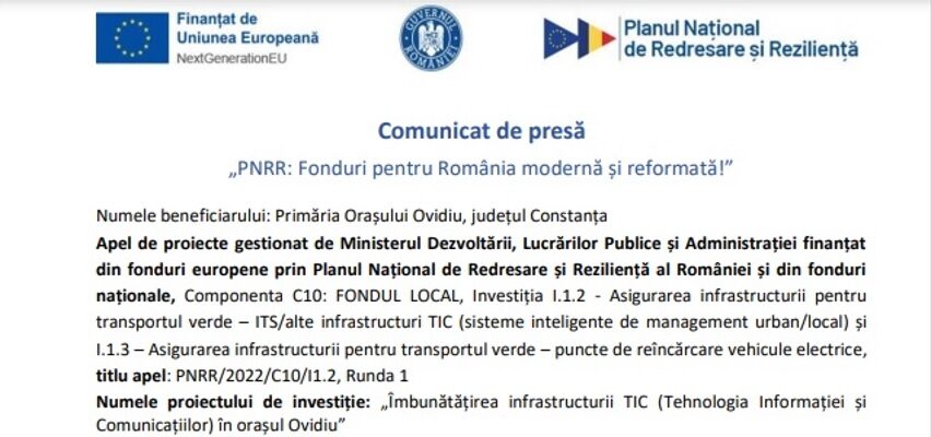 Primaria Ovidiu anunță începerea proiectului „Îmbunătățirea infrastructurii TIC (Tehnologia Informației și Comunicațiilor) în orașul Ovidiu”