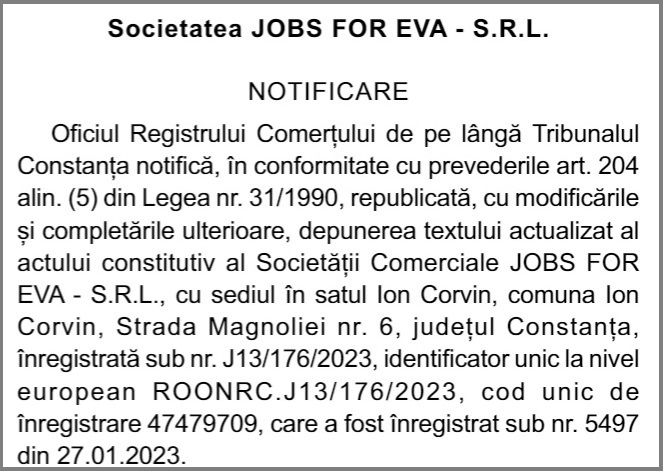 SC JOBS FOR EVA SRL