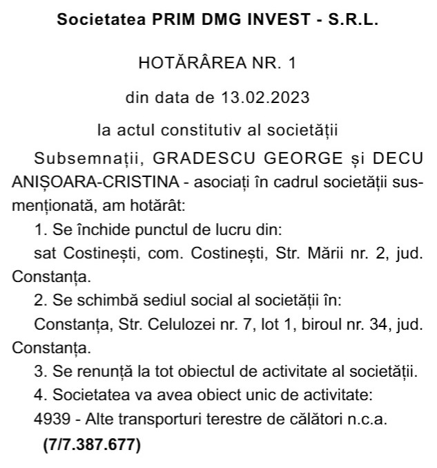 Hotărârea asociaților Prim Dmg Invest SRL
