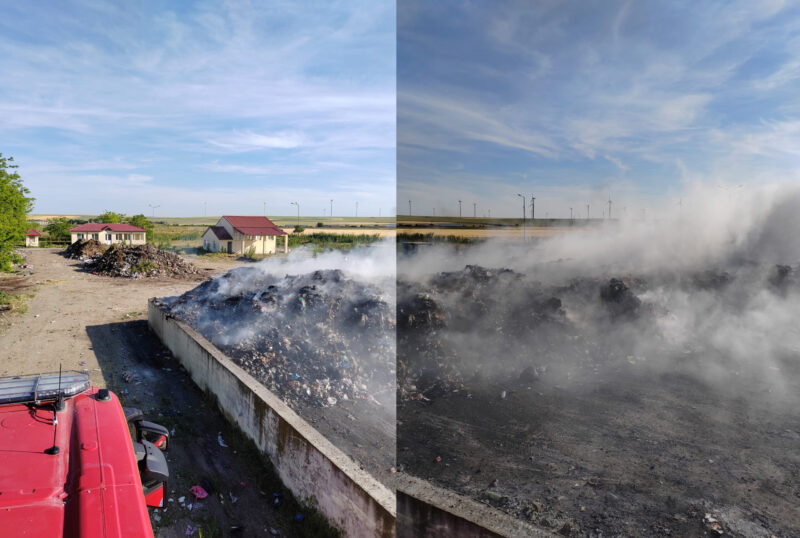 (VIDEO/FOTO) Sute de TONE de gunoaie de la groapa de gunoi din Cogealac au luat foc