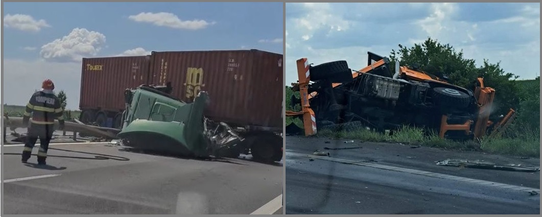 (FOTO) Accident teribil pe A2: Un camion a intrat pe contrasens direct într-un autoturism care circula regulamentar. Traficul este BLOCAT