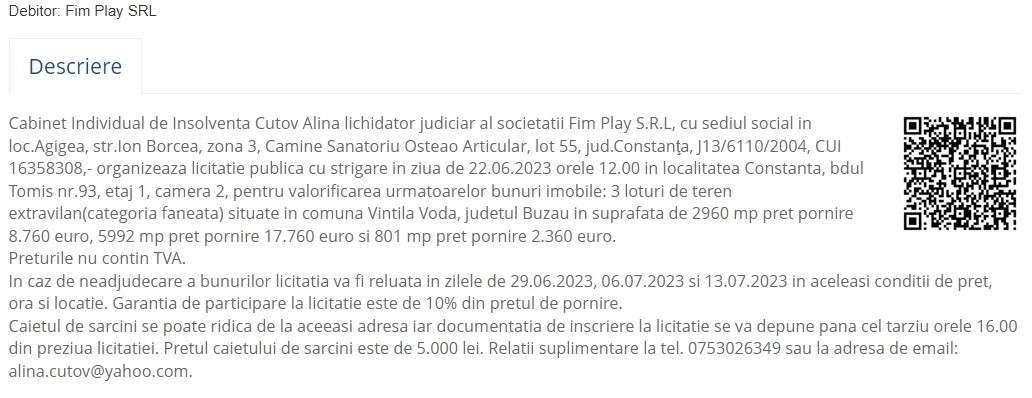 Licitație Fim Play SRL