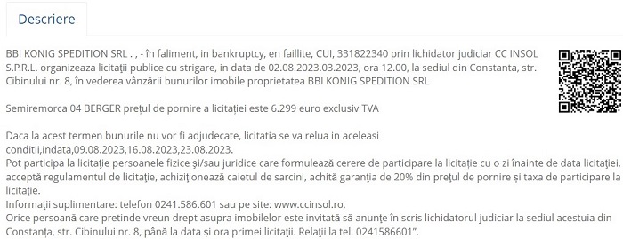 Anunțul licitației