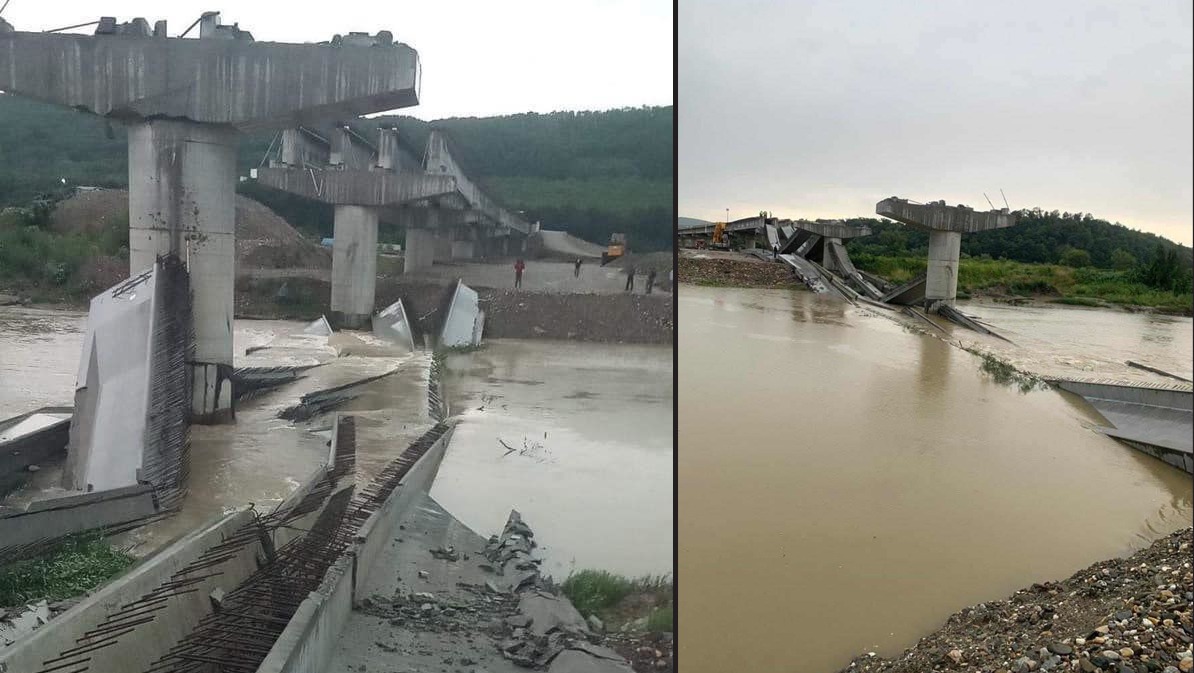 (FOTO) INCREDIBIL: Un pod în construcție s-a RUPT. Primarul dă vina pe vânt