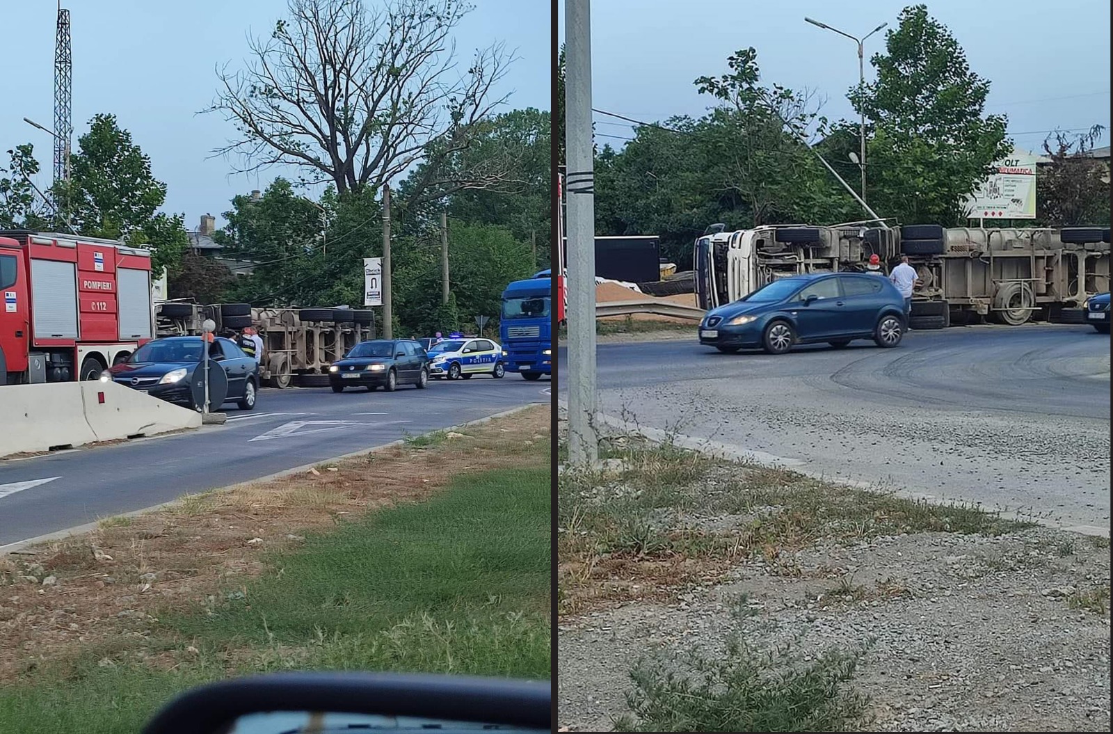 Un tir cu cereale s-a răsturnat în sensul giratoriu de la Celsy: Șoferul este asistat medical la fața locului