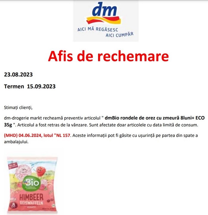 Anunț rechemare produs