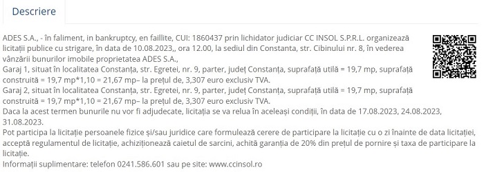 Anunțul licitației