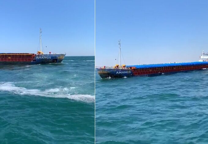 (VIDEO) O navă sub pavilion Tanzania, în pericol de a se SCUFUNDA, este asistată de șalupele ARSVOM: Ambarcațiunea ia apă la bord