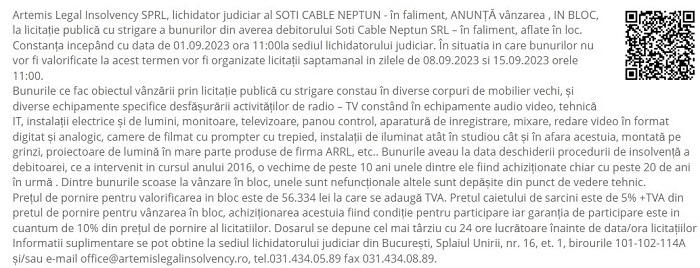 Licitație - Soti Cable Neptun SRL