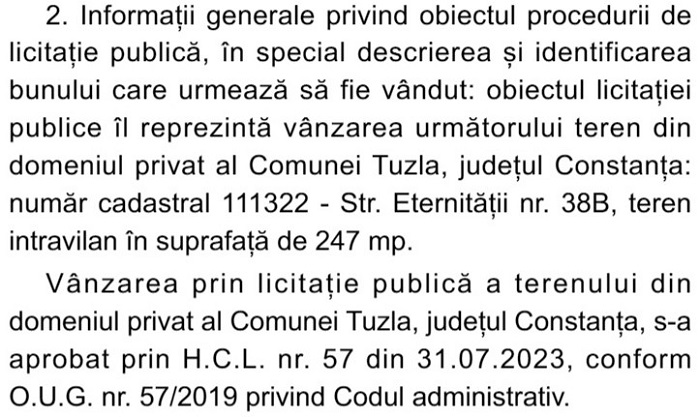 Licitație - Primăria comunei Tuzla