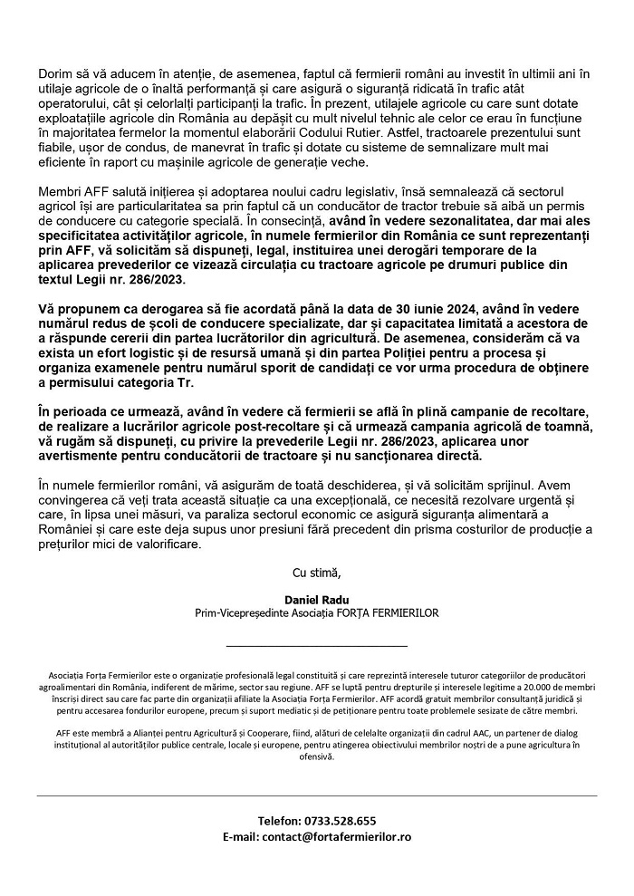 Scrisoare deschisă - Asociația Forța Fermierilor 