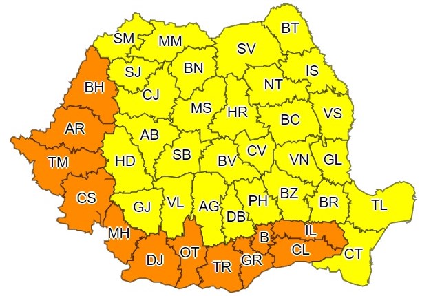 Toată țara, sub avertizări de cod galben și cod portocaliu