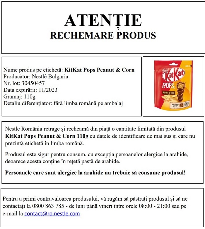 Anunț - rechemare produs