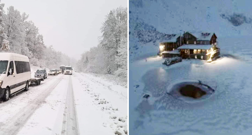 (FOTO/VIDEO) Imagini de poveste cu prima zăpadă în România: În Dobrogea este cod portocaliu de vânt puternic