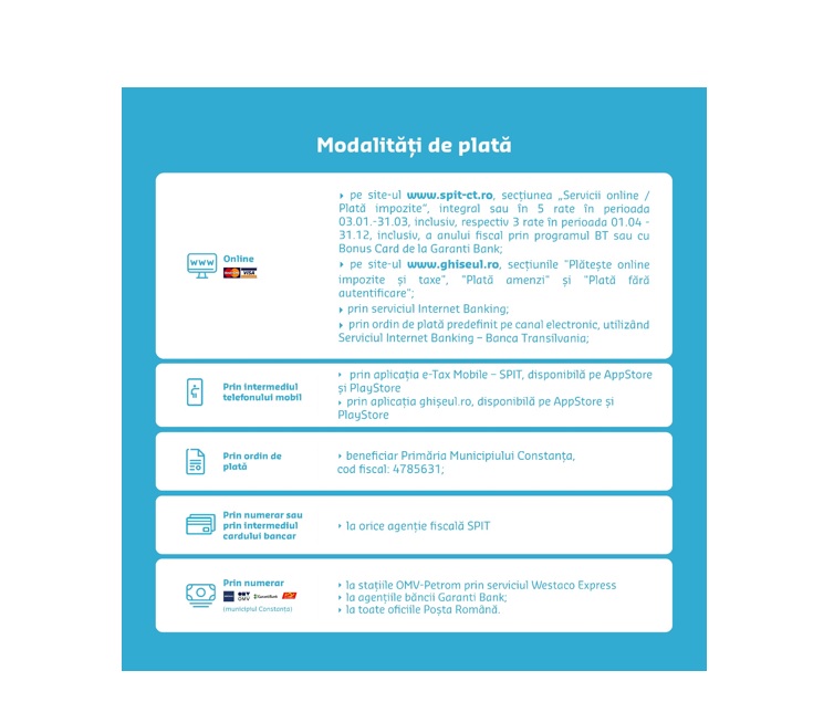SPIT Constanța: Modalități de plată a impozitelor și taxelor locale/speciale și amenzilor