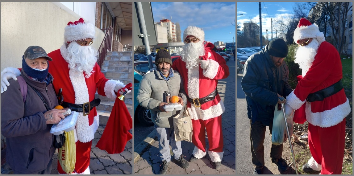 (FOTO) Moș Crăciun, ajutat de SC Arimex Comexim 2000 SRL și Asociația "Suflete deschise", a dăruit pachete cu alimente oamenilor străzii