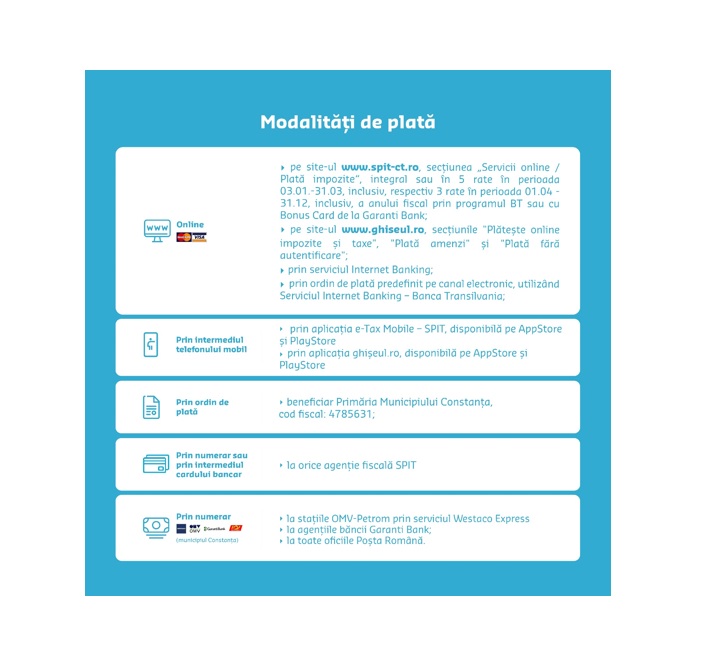 SPIT Constanța: Modalități de plată a impozitelor și taxelor locale