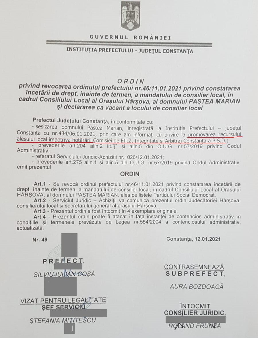 Ordinul nr. 49 privind revocarea ordinului prefectului nr. 46/11.01.2021