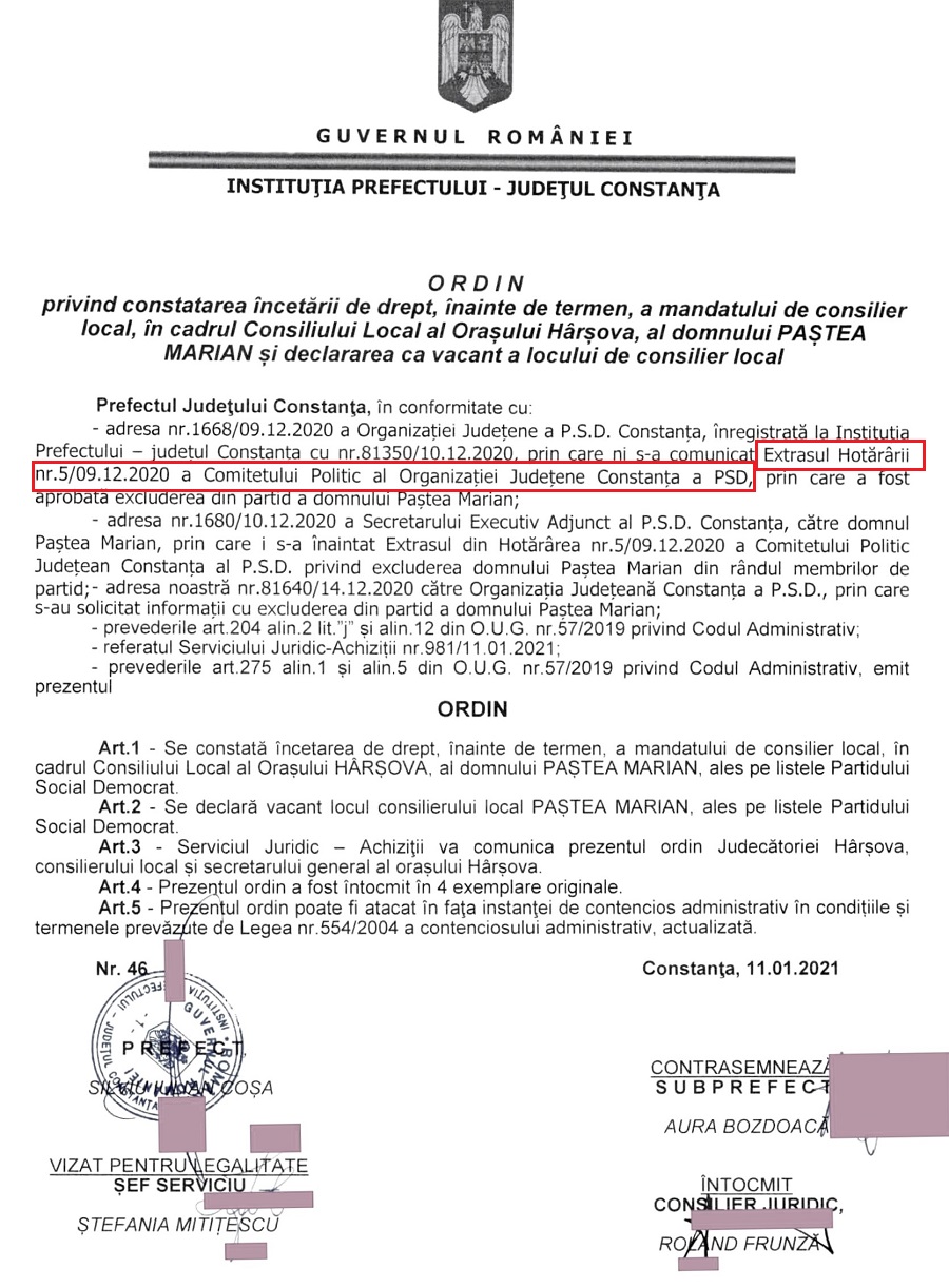 Ordinul nr. 46 privind încetarea de drept a mandatului de consilier local a lui Marian Paștea