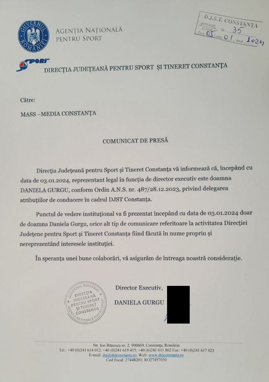 Informare conducere nouă DJTS Constanța 