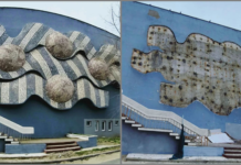 Lucrare de artă decorativă amplasată pe peretele sudic al fostei piscinei olimpice aparținând hotelului "Parc" din stațiunea Mamaia, DISTRUSĂ