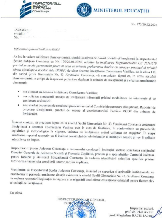 Răspunsul ISJ Constanța la reclamația depusă de părintele elevului de la Școala Gimnazială nr. 43 Constanța
