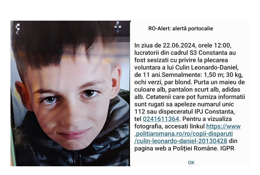 A fost transmis mesaj RO ALERT: Un copil de 11 ani din Constanța este de negăsit. Dacă îl vedeți sunați la 112!