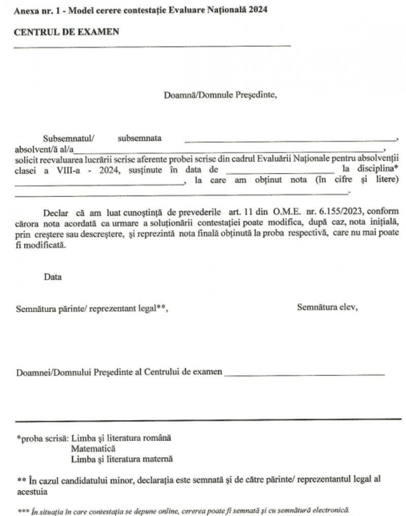 Model cerere contestație Evaluare Națională